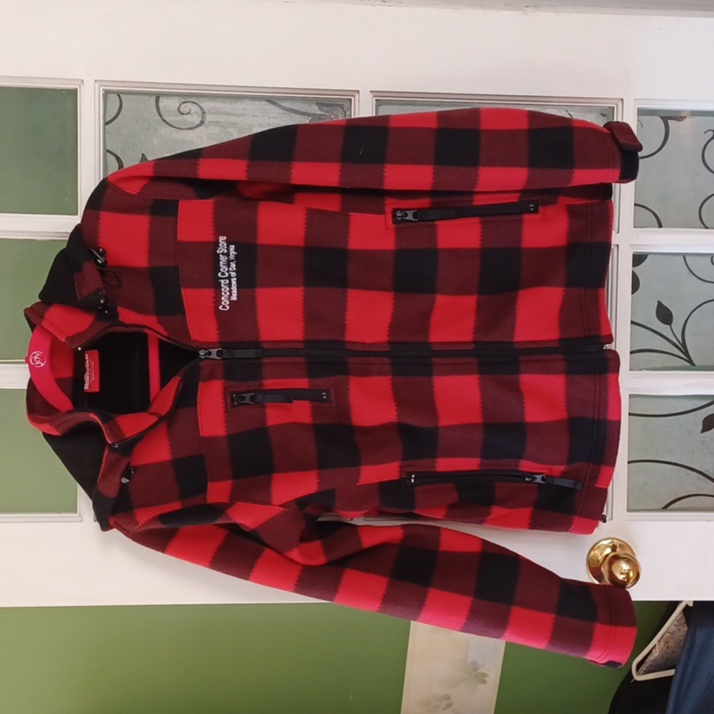 Northern fleece jacket hooded red and black plaid size large,  NEW